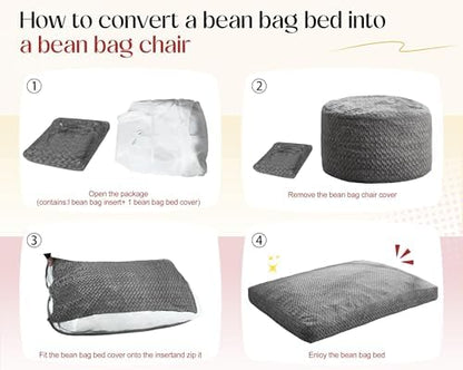 Hobestluk Bean Bag Chair Convertible 3 in 1 Beanbag Washable Giant Adult | Large,Memory Foam Filling,Plush Lounge,Bean Bag Bed ,Removable Cover,Living Room Bedroom Dorm,Sleeping ,Full,White