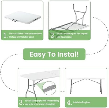 6FT White Plastic Folding Table Heavy Duty Tables Set of 5 | HDPE Tabletop Fold-in-Half Portable Utility Foldable Carrying Handle for Party Picnic Dining Office Event Indoor & Outdoor