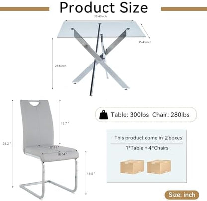 5-Piece Dining Room Table Set, Modern 36" Square Silver Glass Dining Table Set for 4, Kitchen and Dining Table Set with 4 Grey PU Leather Dining Chairs for Dining Room Kitchen