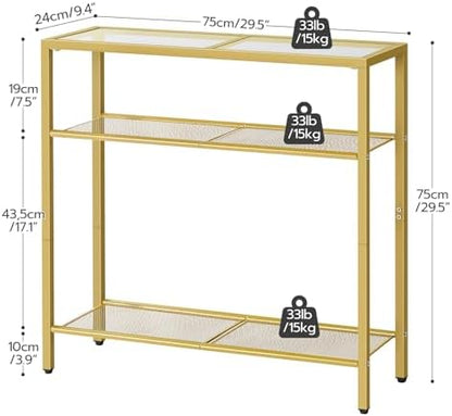 HOOBRO 29.5" Narrow Console Table, 3-Tier Tempered Glass Sofa Table | Modern Entryway Table, for Entrance, Living Room, Foyer, Hallway Bedroom, Gold GD21XG01G1