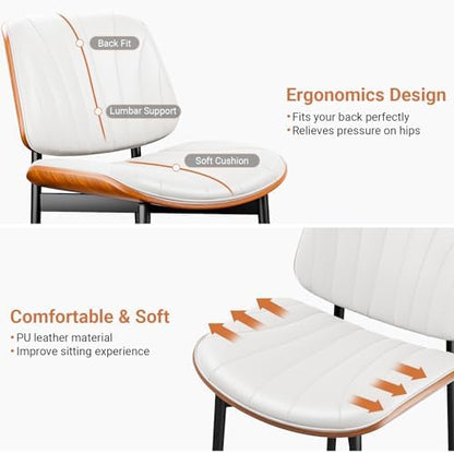 YaFiti Dining Chairs Set of 2, Mid Century Modern PU Leather Kitchen Chairs | Ergonomic Walnut Backrest, Upholstered Waterproof Faux Leather Seat, Stable Metal Legs, Adjustable Footpads, White Scallop