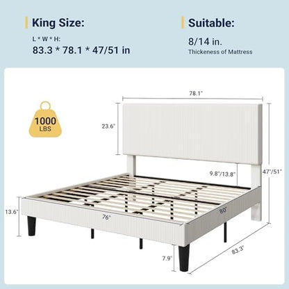 Allewie King Bed Frame, Corduroy Tufted Headboard, White