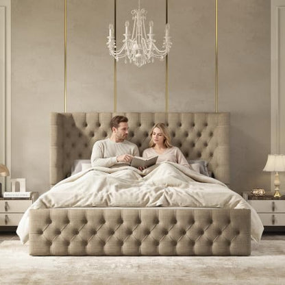 Jocisland Queen Bed Frame Upholstered Wingback Headboard & Footboard,Khaki
