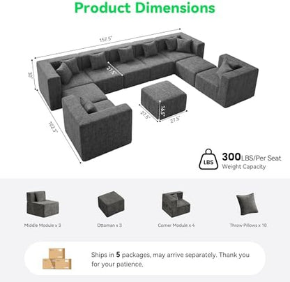 MONVANE Oversized Sectional Couch 10-Seat, Chenille, Gray | Sectional Couch for Living Room, Modular Cloud Sofa with Ottoman & 10 Throw Pillows, No Assembly Required