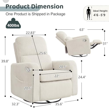 Swivel Rocker Recliner, Oversized Manual Nursery Glider Rocking Recliner Chair with Removable Cushion, Upholstered Corduroy Swivel Reclining Chair for Nursery Living Room Bedroom, Cream White