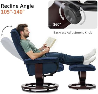 MCombo Manual Swivel Recliner with Ottoman, Chair Ottoman Set for RV Small Spaces, Living Room, Bedroom, Office 4919 (Chenille, Blue)
