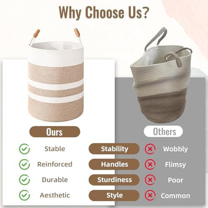 Large Laundry Basket, Laundry Hamper with Leather Handles, 60L Woven Dirty Clothes Hamper, Rope Hampers for Bedroom, Barthroom, Brown