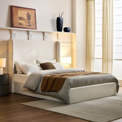 Full Size Upholstered Platform Bed Frame, 53.5" High Headboard Carmen Wingback Beds, Tall Headboard Floor Bed Frames, No Box Spring Needed No Noise, Minimalist, Textured Ivory