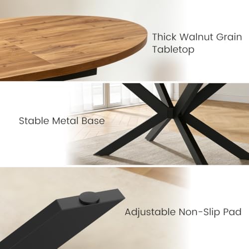 63"-78.7" Extendable Oval Dining Table Set for 6 | 7 Piece Large Round Walnut Table Set, 6 Brown Dining Chairs, Living Room, Kitchen, Space Saving, Mid Century Modern