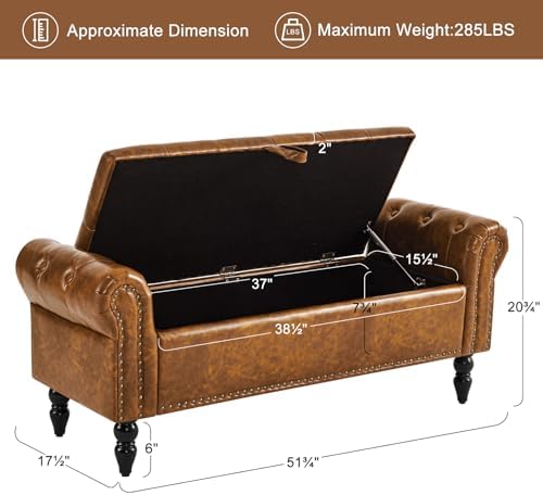 Furniliving Storage Ottoman Bench, Leather Benches End of Bed Bench with Solid Wood Legs Upholstered Ottoman Bench with Storage Indoor Bench for Living Room with Rolled Arm, Entryway, YellowBrown
