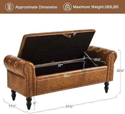 Furniliving Storage Ottoman Bench, Leather Benches End of Bed Bench with Solid Wood Legs Upholstered Ottoman Bench with Storage Indoor Bench for Living Room with Rolled Arm, Entryway, YellowBrown