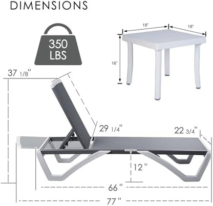 Kozyard 3-Piece Outdoor Chaise Lounge Set Fully Flat Adjustable Lounger | Aluminum Frame & Resin Legs, Textilene Fabric for Poolside, Backyard & Beach Gray, 2 Chairs + Table