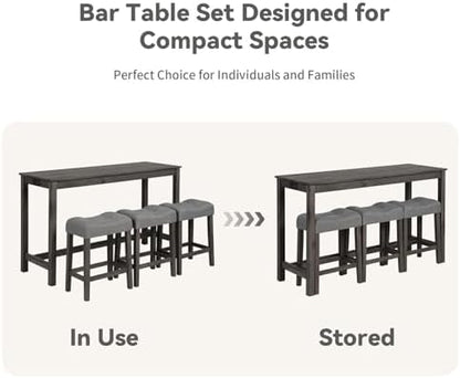 59" Counter Height Bar Table Set with Power Outlet, Industrial Breakfast Table with 3 Padded Stools, 4 Piece Bar Table and Chairs Set for Living Room, Dining Room, Dark Gray