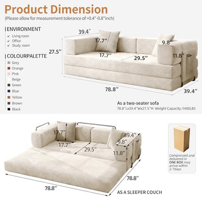 78.8" Couch for Living Room, Futon Sleeper Sofa Bed | Convertible Sofa Bed, Corduroy Pull Out Couch Loveseat with Storage Pocket, Modular Design, No Assembly, White