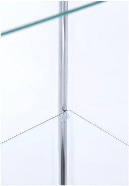 BOWERY HILL 4 Shelf Glass Display Case Cabinet with Chrome Support Beams and Cappuccino Brown Top/Base