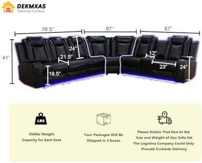 Power Recliner Sectional Sofa Set,Living Room Furniture Sets,Black Leather Sectional Reclining Couch Power Reclining Sofa with LED Light/Storage Console for Living Room