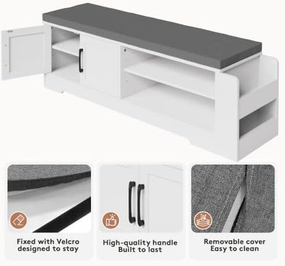 Farmhouse Shoe Storage Bench with 3-in-1 Entryway Storage & Padded Seat | 47.3" Wide Entryway Bench with Adjustable Shelves, Shoe Organizer & Side Storage Rack for Living Room, Bedroom, White
