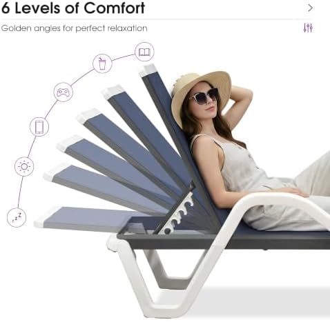 PURPLE LEAF Lounge Chair Outdoor Set of 2 w/Armrest for Poolside Navy Blue | Quick & Easy Assembly, Quick-dry Mesh Keeps You Cool, UV-proof Weave Keeps Color Vivid, Rustproof Frame Lasts Years