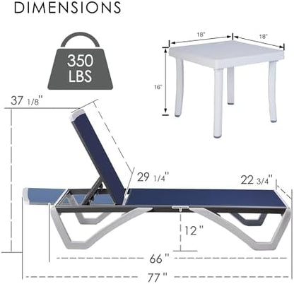Kozyard Outdoor Chaise Lounge Chair, Full Flat Adjustable Patio Lounger with Aluminum Frame & Resin Legs, Textilene Fabric for Poolside, Backyard & Beach (Blue, Chair + Table)