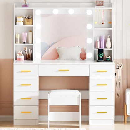 ANWBROAD 9-Drawer Makeup Vanity Desk with Mirror and Lights, White | Vanity Table with Cushioned Stool, 3 Colors Lights, Power Outlet, 6 Open Shelves, 5 Hooks Dressing Table for Girls Women