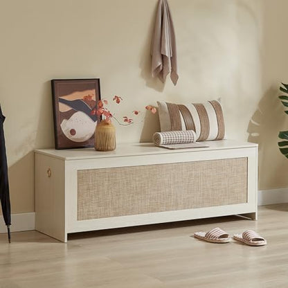51.2" Storage Chest Large,Wooden Rattan Storage Bench.(White Cream) | Storage trunk with 2 Safety Hinges, 51.2x15.7x18.3 Inch, Easy Assembly, Storage bench For Bedroom, Living Room, Entryway