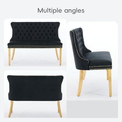 Velvet Double Dining Loveseat Bench with Wing Back, Tufted Upholstered 2-Seat Design,Golden Stainless Steel Legs, Modern Mid-Century Accent Seating for Dining Room, Kitchen, or Entryway (Black)