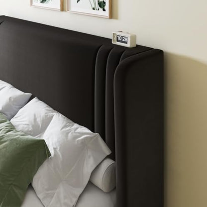 Allewie Queen Size Velvet Platform Bed Frame, Tall Wingback Headboard, Black