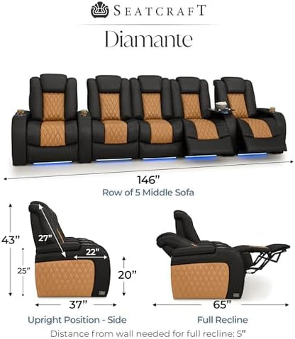 Seatcraft Diamante Black/Tan Oak Italian Leather Home Theater Seating, Zero Gravity Power Recliner, Gaming and Home Office Chair, Powered Headrest Furniture for Cinema Room, Row of 5 Middle Sofa
