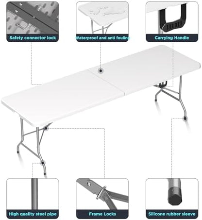 Folding Table Picnic Table, 8 ft Camping Table with Handle and Safety Locks | Foldable Portable Dining Table, Heavy Duty HDPE Plastic, Indoor Outdoor for Camping, Picnic and Party