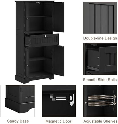 ChooChoo 51" H Bathroom Floor Cabinet with Drawers and Adjustable Shelves | Bathroom Storage Cabinet, Freestanding Kitchen Pantry Cupboard with 4 Doors for Living Room, Black