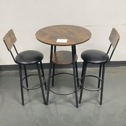 23.6" 3 Piece Round Bar Table and Chair Set with Shelf Rustic Brown | Rustic Brown Particleboard And Black Steel Frame With Integrated Middle Storage Shelf For Small Spaces