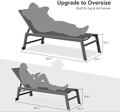 PURPLE LEAF Patio Chaise Lounge Set for 2, Oversize Seat, Grey | Reinforced aluminum frame with angled legs supports up to 320 lbs, providing solid stability without sagging or rocking
