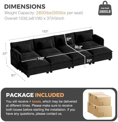ELUCHANG 153" Oversized Modular Sectional Sofa, Comfy Chenille Cloud Couch, 8-Seater U Shaped Modern Deep Seat Sofa w/Removable Covers for Living Room, Bedroom, DIY Combination - Black