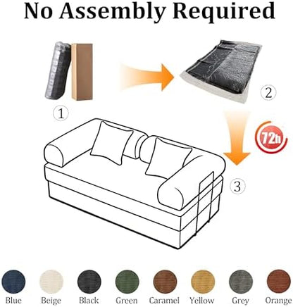 59'' Convertible Compressed Corduroy Folding Cloud Sofa Bed, Modern Pull Out Loveseat Sleeper in a Box, 4 in 1 Floor Mattress Futon Fluffy Couch, No Assembly Needed, Beige, 2 Pillows, Full