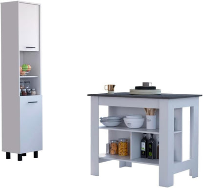 2-Piece Kitchen Set with Island and Pantry Cabinet | Spacious kitchen island with 8 storage shelves and a pantry cabinet with 2 doors