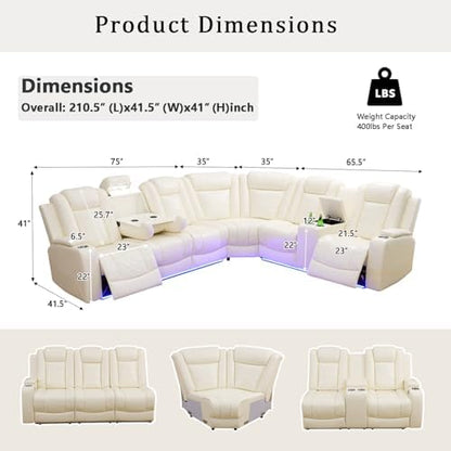 A Ainehome Leather Power Furniture Reclining Sectional Couch, Living Room Power Recliner Adjustable Sofa, Loveseat and Chair with Storage Console for Living Room/Office(Off-White)