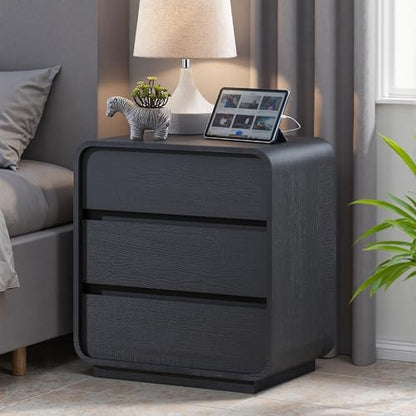 Standifurno Black Curved Night Stand Set of 2 with Charging Station, 25" Tall Wood Bedside Table Nightstand with 3 Storage Drawers, Mid Century Modern End Table for Bedroom, Office