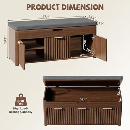 37.4" W Shoe Bench with Storage, Lift Top Entryway Bench, Walnut | 2-Tier Adjustable Shoe Rack with Cushioned Seat, Hidden Storage, Wooden End of Bed Bench for Bedroom, Living Room, Hallway