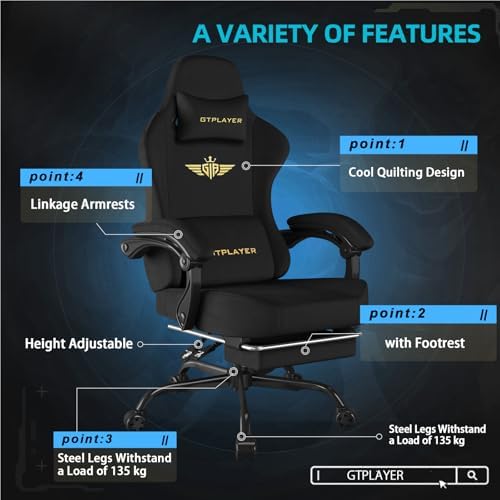 GTPLAYER Gaming Chair Fabric with Pocket Spring Cushion, Big and Tall Gamings Chairs 350LBS High Back Computer Chair with Footrest for Adults Lumbar Support Swivel Game Chair for Office Light Black