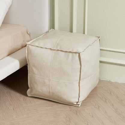 Louis Donné 17.7 Inch Unstuffed Square Pouf Ottoman Cover, Handmade Faux PU Leather Foot Rest Cover, Storage Floor Chair Cushion Case,White Decorative Pouf for Living Room Home,Only Cover No Filler