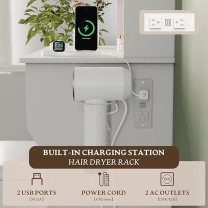Makeup White Vanity Desk with Lights and Mirror, Small Vanity for Bedroom | Vanity set with Stool, 3 Lighting Modes, Adjustable Brightness, Storage Shelves, Hair Dryer Holder and Spacious Tabletop
