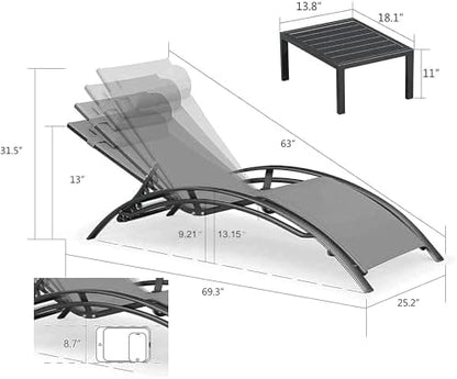 PURPLE LEAF Patio Pool Lounge Chaise Set of 3 Outdoor Lounger Chair, Grey | 2 Chaise + 1 Table, Aluminum Frame, Adjustable Headrest & 5 Recline Angles, Stackable, UV Textilene Fabric, S-Curve Backrest