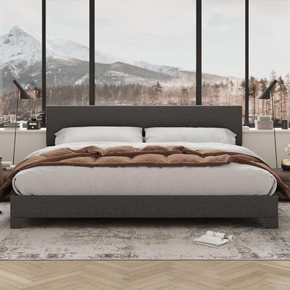 Allewie King Size Upholstered Bed Frame Adjustable Headboard, Dark Grey