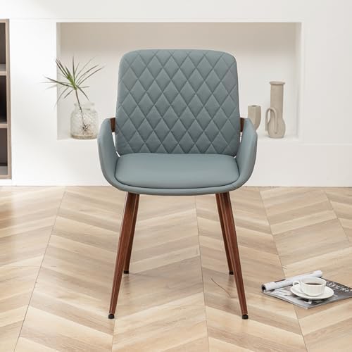 LUNLING Mid Century Modern Dining Room Chairs Set of 2 Accent Faux Leather Chair Bentwood Frame with Armrest,Upholstered Seat,Metal Legs Chair,Adjustable Foot for Kitchen Room Desk Chairs(Blue)