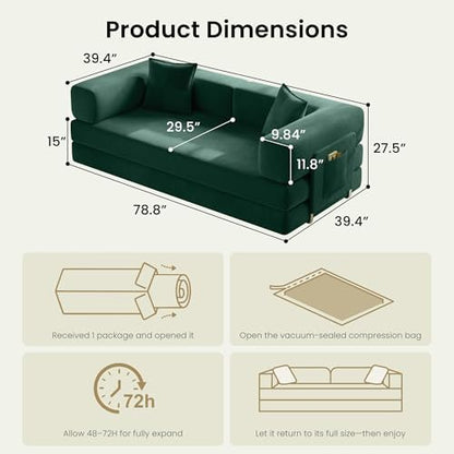 78.8" Convertible Futon Sofa Bed, Couch for Living Room | Corduroy Loveseat Sleeper Sofa, Modular Futon Couch with Storage Pocket, Pull Out Couch No Assembly | Forest Green