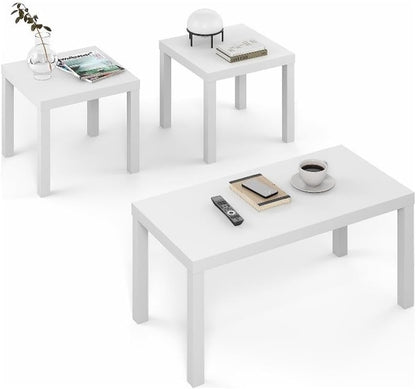 Pemberly Row 3-Piece Living Room Table Set, Includes Coffee Table & 2 Side Tables, Durable Engineered Wood, White Finish, Thick Tabletops, Modern Design, Sturdy Furniture for Living Room or Office