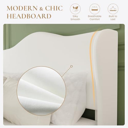 SHA CERLIN Queen Size Bed Frame with Curved Wingback Headboard,Soft White