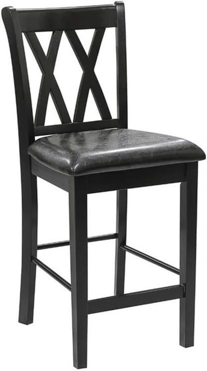 MAKLAINE 5 Piece Solid Wood Counter Height Dining Set, Black Finish, Table with 2 Shelves and 4 X-Back Chairs, Faux Leather Seat Upholstery, 39.5 in Table for Kitchen or Dining Room
