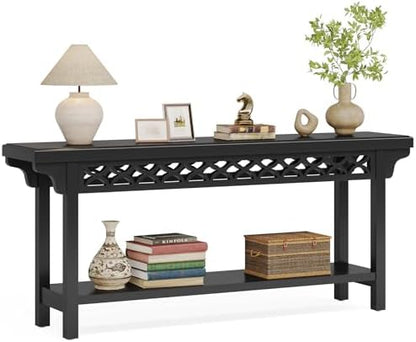 Tribesigns 70.8-Inch Solid Wood Long Console Table, Farmhouse Entryway Table with Storage, Narrow Sofa Table Grey Couch Table for Living Room Entryway Hallway (Black)