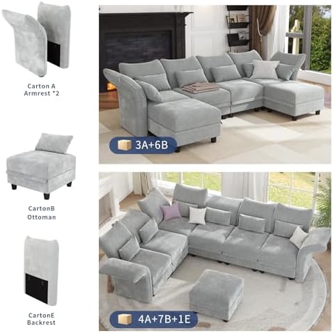 LLappuil 179" Oversized Modular Sectional Sofa with Storage Seat 12 Piece Large Sectional Couches for Living Room with Adjustable Arms Backs, Convert to U/L/Sleeper Sofa, Grey Chenille